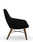 Side view of the 9to5 Lilly lounge chair in walnut wood leg frame and black Fabric. Kansas City Office Design