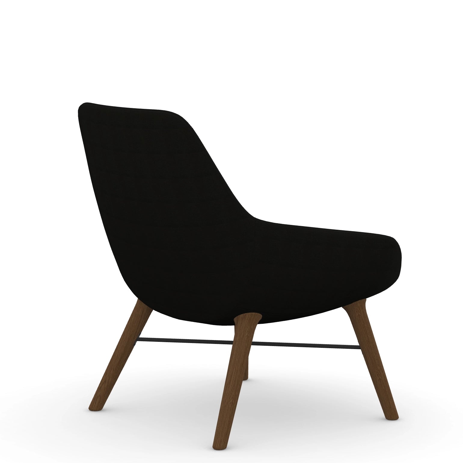 Back view of the 9to5 Lilly lounge chair in walnut wood leg frame and black Fabric. Kansas City Office Design