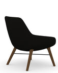 Back view of the 9to5 Lilly lounge chair in walnut wood leg frame and black Fabric. Kansas City Office Design