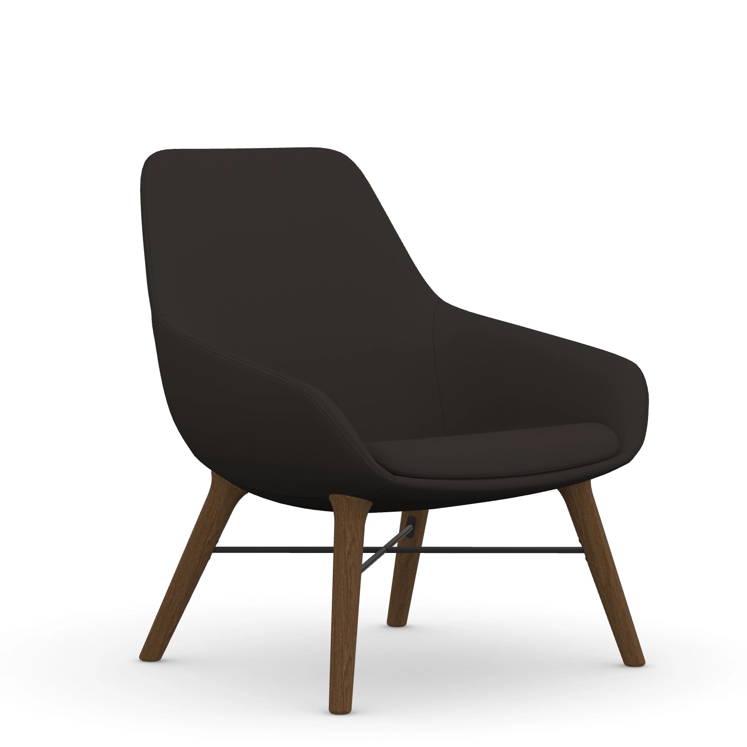Front view of the 9to5 Lilly lounge chair in walnut wood leg frame and black vinyl Fabric. Kansas City Office Design