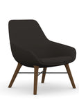 Front view of the 9to5 Lilly lounge chair in walnut wood leg frame and black vinyl Fabric. Kansas City Office Design