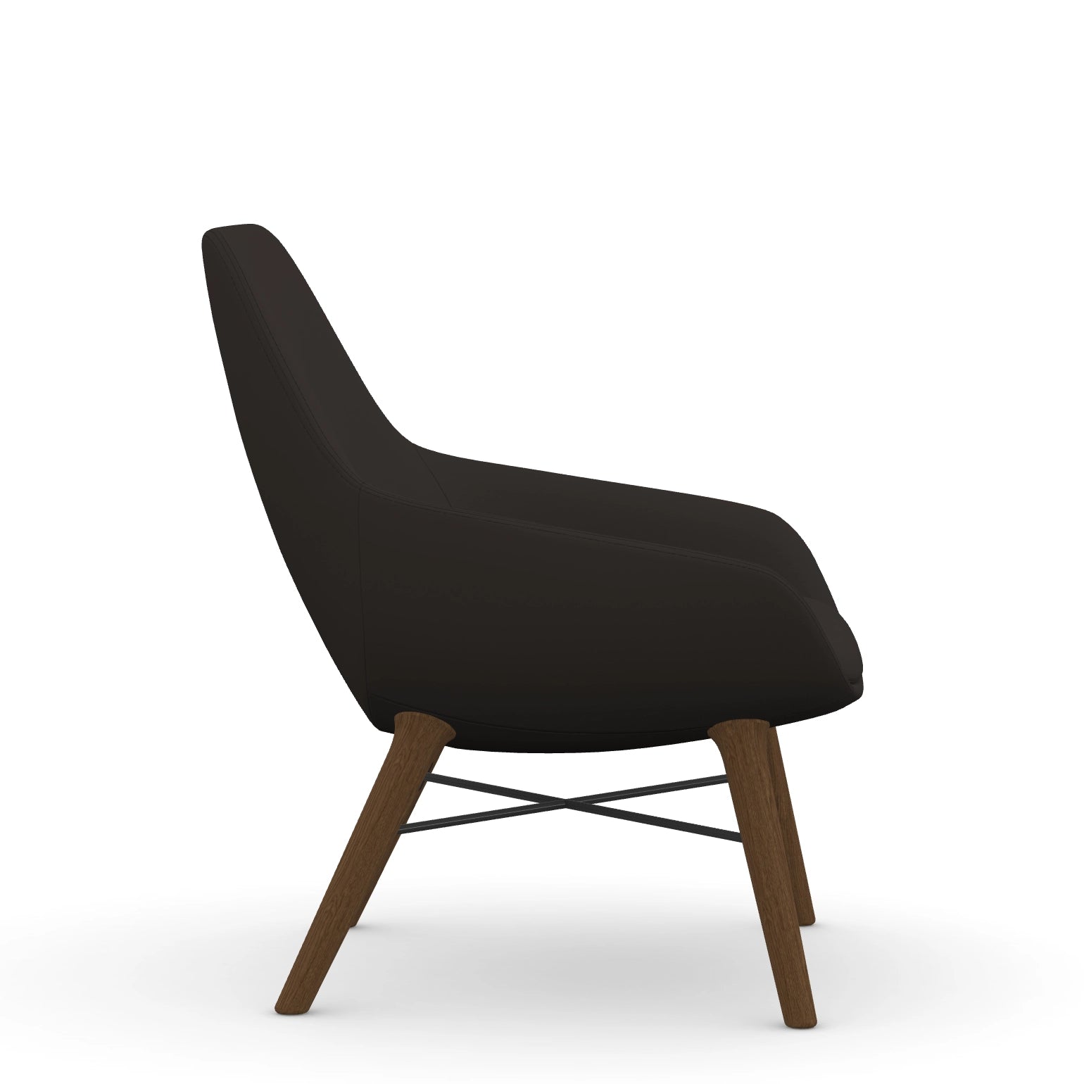 Side view of the 9to5 Lilly lounge chair in walnut wood leg frame and black vinyl Fabric. Kansas City Office Design