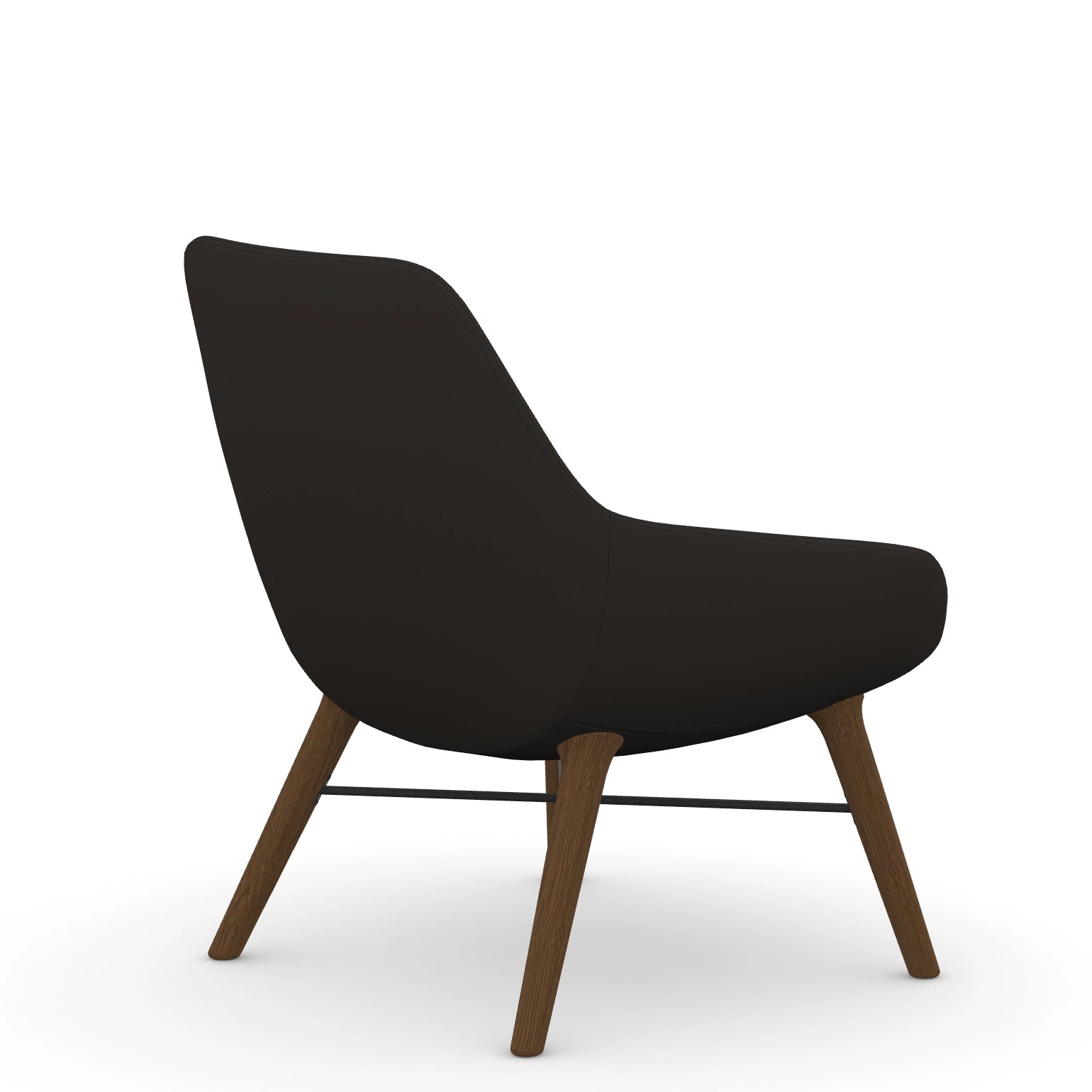 Back view of the 9to5 Lilly lounge chair in walnut wood leg frame and black vinyl Fabric. Kansas City Office Design