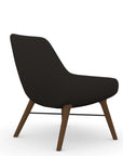 Back view of the 9to5 Lilly lounge chair in walnut wood leg frame and black vinyl Fabric. Kansas City Office Design
