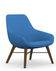 Front view of the 9to5 Lilly lounge chair in walnut wood leg frame and blue Fabric. Kansas City Office Design