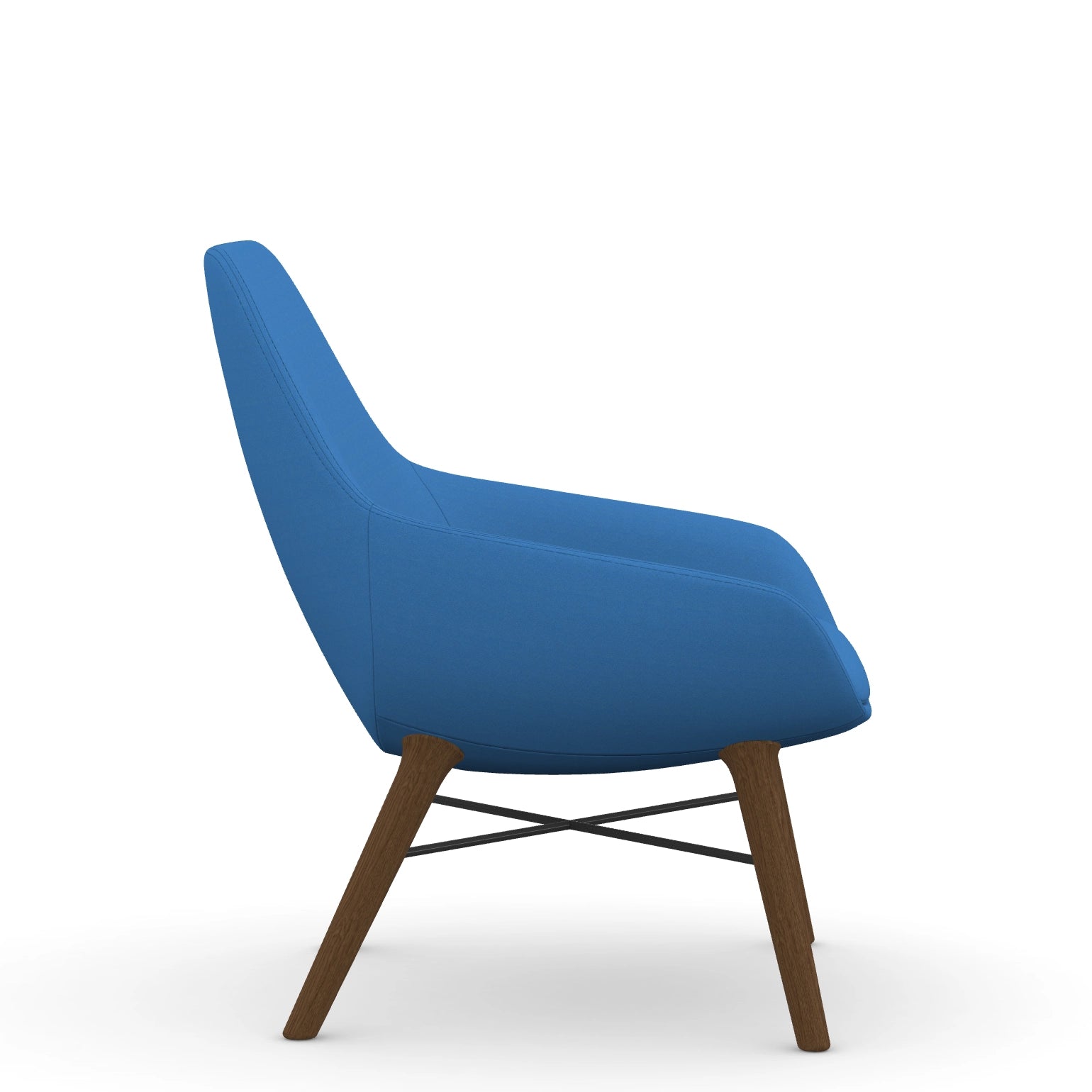 Side view of the 9to5 Lilly lounge chair in walnut wood leg frame and blue Fabric. Kansas City Office Design