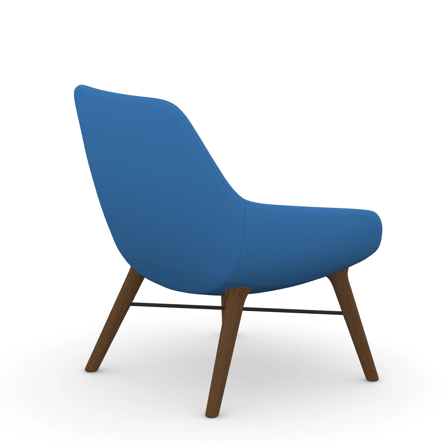 Back view of the 9to5 Lilly lounge chair in walnut wood leg frame and blue Fabric. Kansas City Office Design