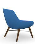 Back view of the 9to5 Lilly lounge chair in walnut wood leg frame and blue Fabric. Kansas City Office Design