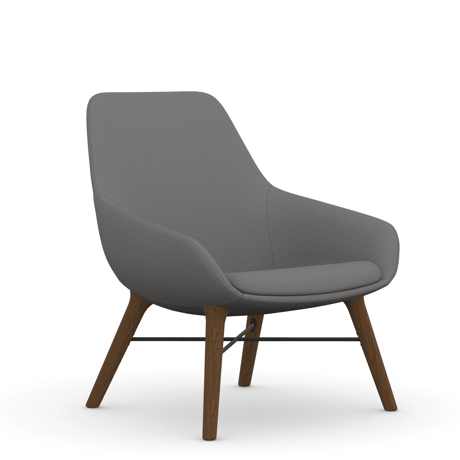 Front view of the 9to5 Lilly lounge chair in walnut wood leg frame and gray Fabric. Kansas City Office Design