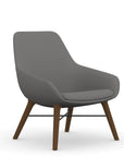 Front view of the 9to5 Lilly lounge chair in walnut wood leg frame and gray Fabric. Kansas City Office Design
