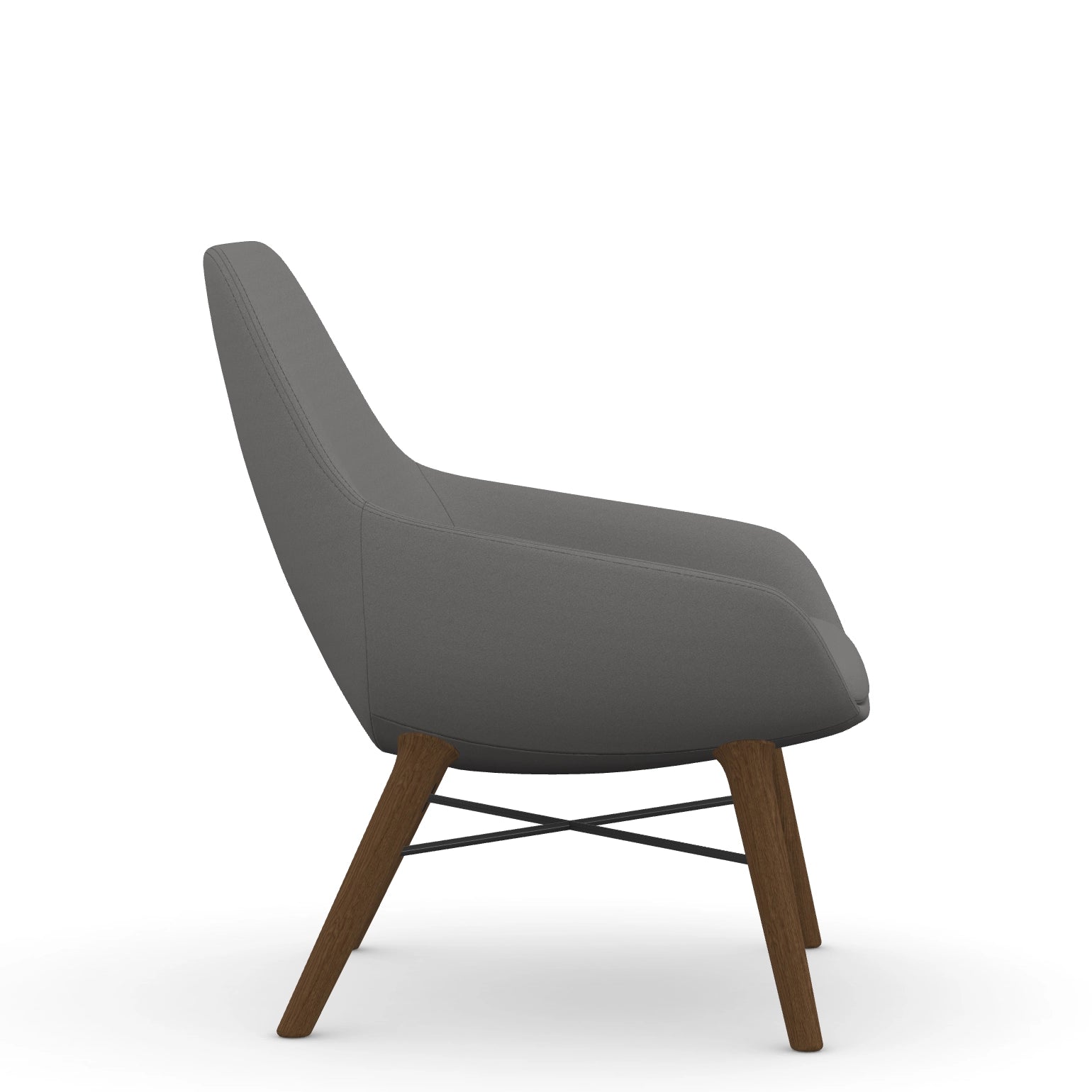 Side view of the 9to5 Lilly lounge chair in walnut wood leg frame and gray Fabric. Kansas City Office Design