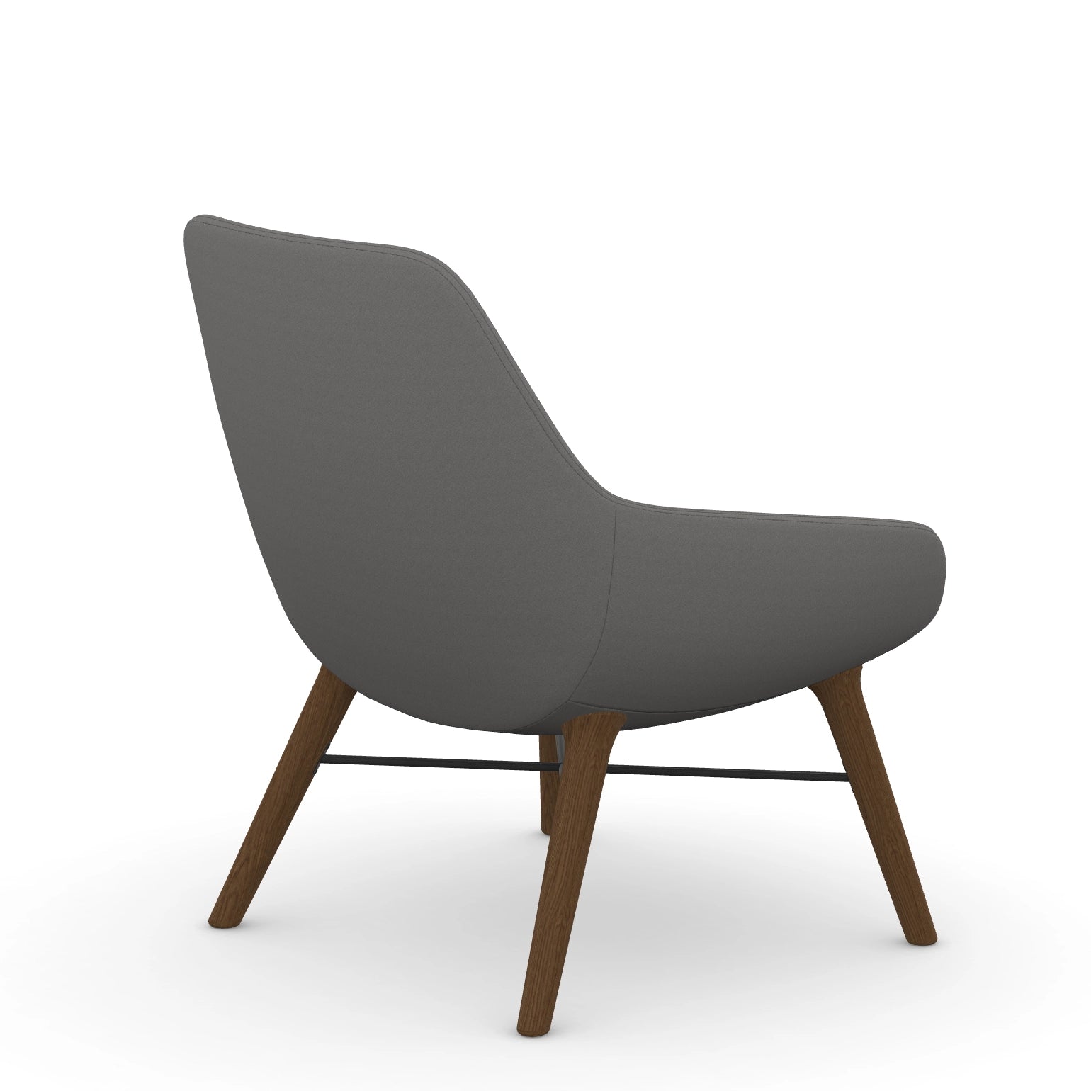 Back view of the 9to5 Lilly lounge chair in walnut wood leg frame and gray Fabric. Kansas City Office Design