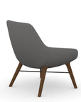 Back view of the 9to5 Lilly lounge chair in walnut wood leg frame and gray Fabric. Kansas City Office Design