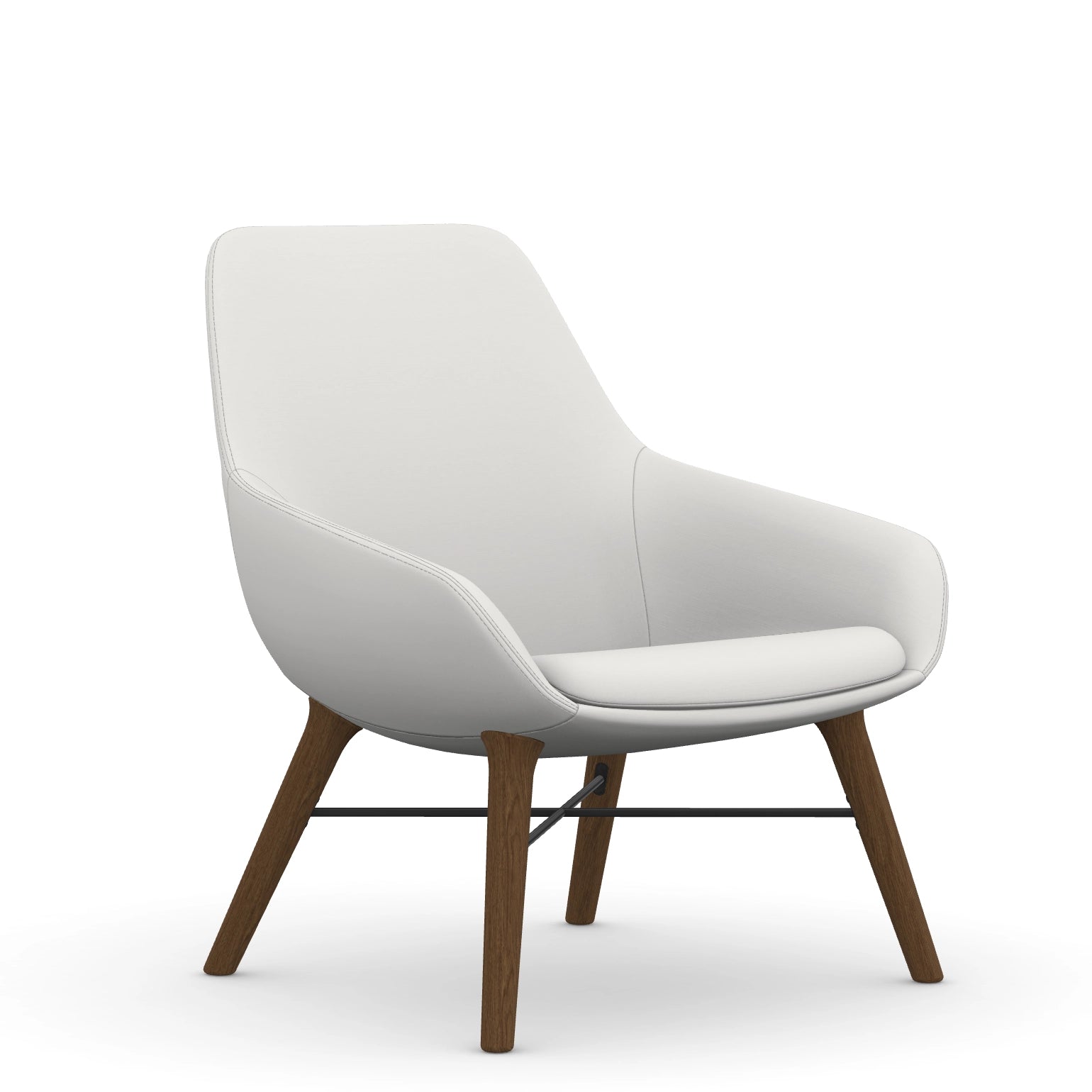 Front view of the 9to5 Lilly lounge chair in walnut wood leg frame and tinsel vinyl Fabric. Kansas City Office Design