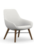 Front view of the 9to5 Lilly lounge chair in walnut wood leg frame and tinsel vinyl Fabric. Kansas City Office Design