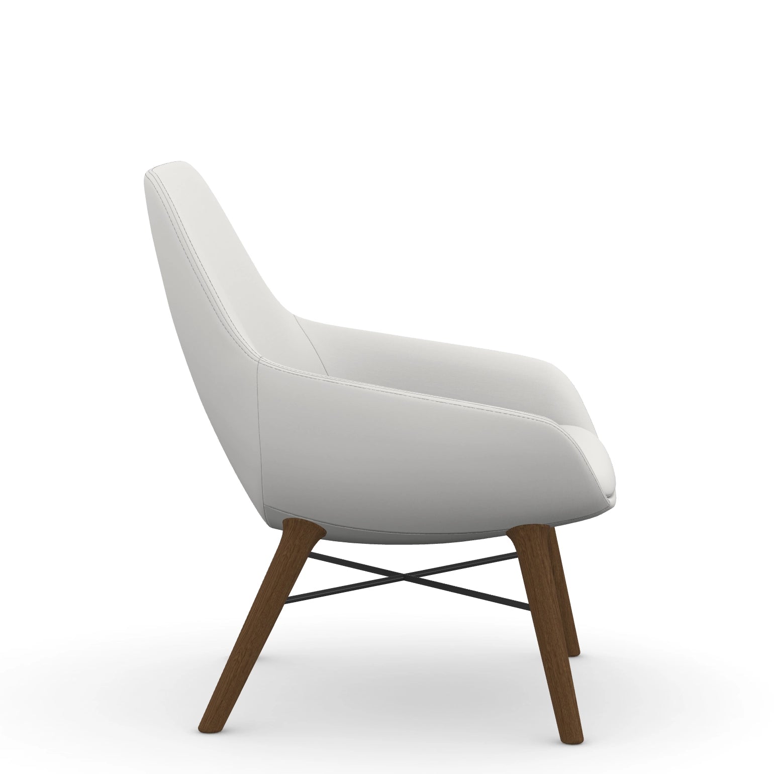 Side view of the 9to5 Lilly lounge chair in walnut wood leg frame and tinsel vinyl Fabric. Kansas City Office Design