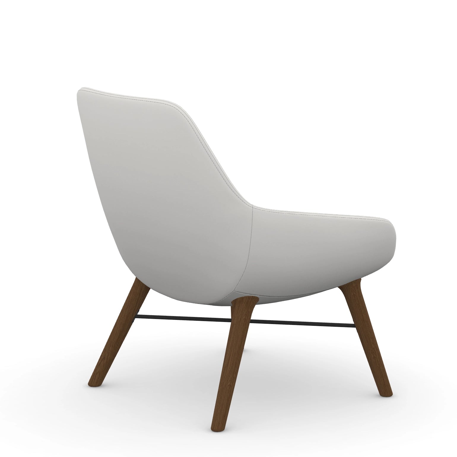 Back view of the 9to5 Lilly lounge chair in walnut wood leg frame and tinsel vinyl Fabric. Kansas City Office Design