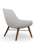 Back view of the 9to5 Lilly lounge chair in walnut wood leg frame and tinsel vinyl Fabric. Kansas City Office Design