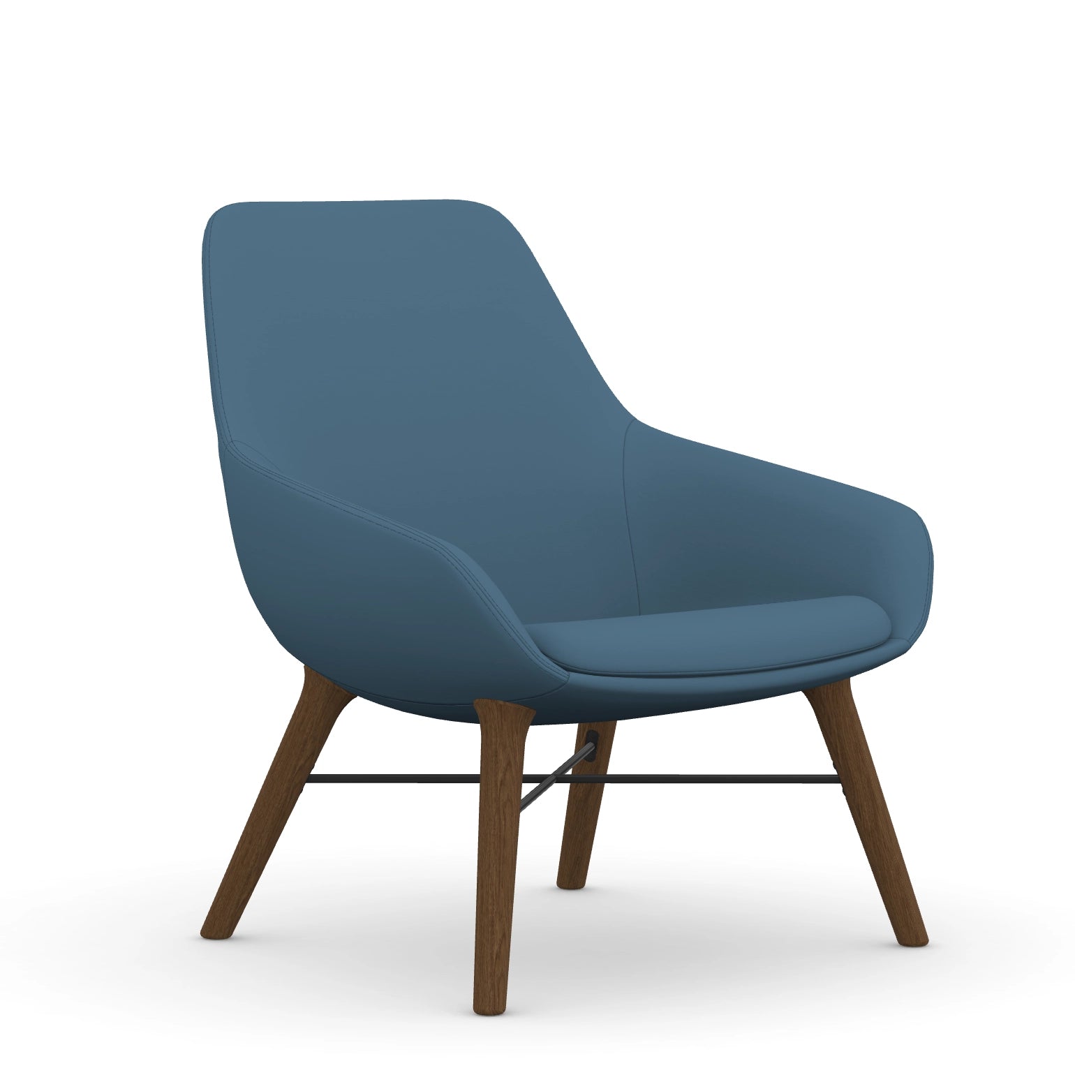 Front view of the 9to5 Lilly lounge chair in walnut wood leg frame and wave blue vinyl Fabric. Kansas City Office Design