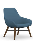 Front view of the 9to5 Lilly lounge chair in walnut wood leg frame and wave blue vinyl Fabric. Kansas City Office Design