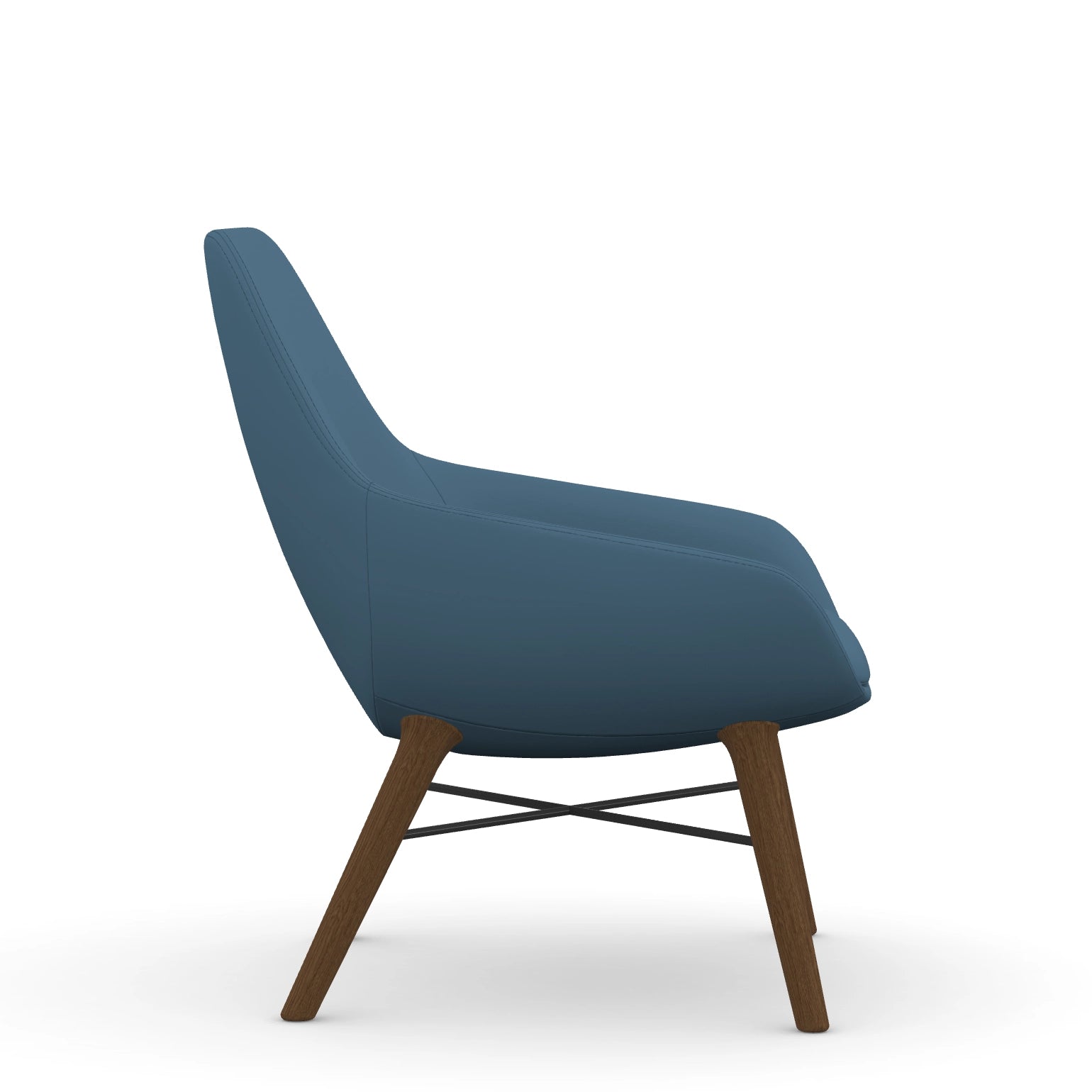 Side view of the 9to5 Lilly lounge chair in walnut wood leg frame and wave blue vinyl Fabric. Kansas City Office Design