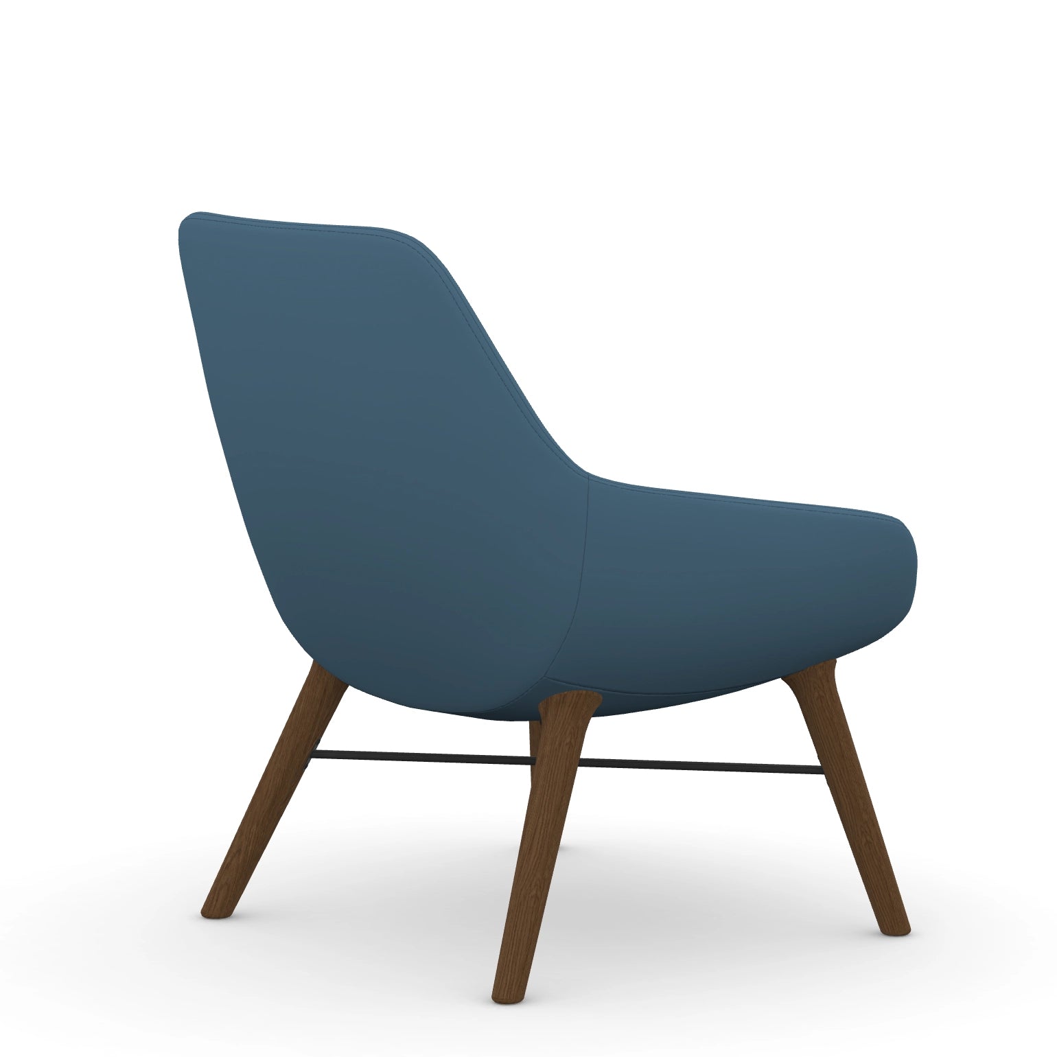 Back view of the 9to5 Lilly lounge chair in walnut wood leg frame and wave blue vinyl Fabric. Kansas City Office Design