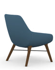 Back view of the 9to5 Lilly lounge chair in walnut wood leg frame and wave blue vinyl Fabric. Kansas City Office Design