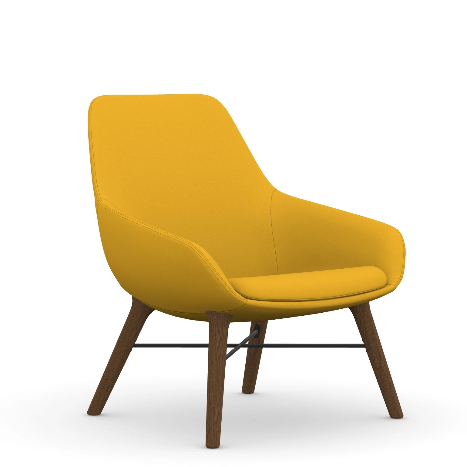 Front view of the 9to5 Lilly lounge chair in walnut wood leg frame and yellow Fabric. Kansas City Office Design