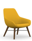 Front view of the 9to5 Lilly lounge chair in walnut wood leg frame and yellow Fabric. Kansas City Office Design