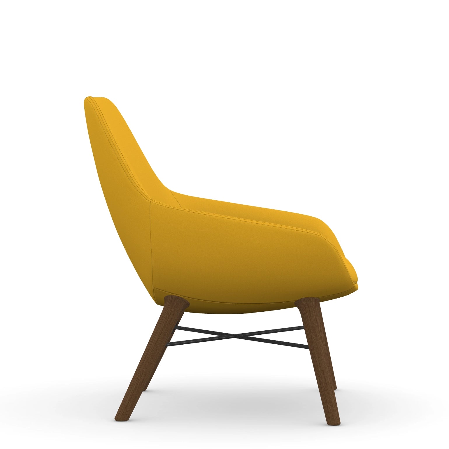 Side view of the 9to5 Lilly lounge chair in walnut wood leg frame and yellow Fabric. Kansas City Office Design