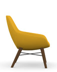 Side view of the 9to5 Lilly lounge chair in walnut wood leg frame and yellow Fabric. Kansas City Office Design