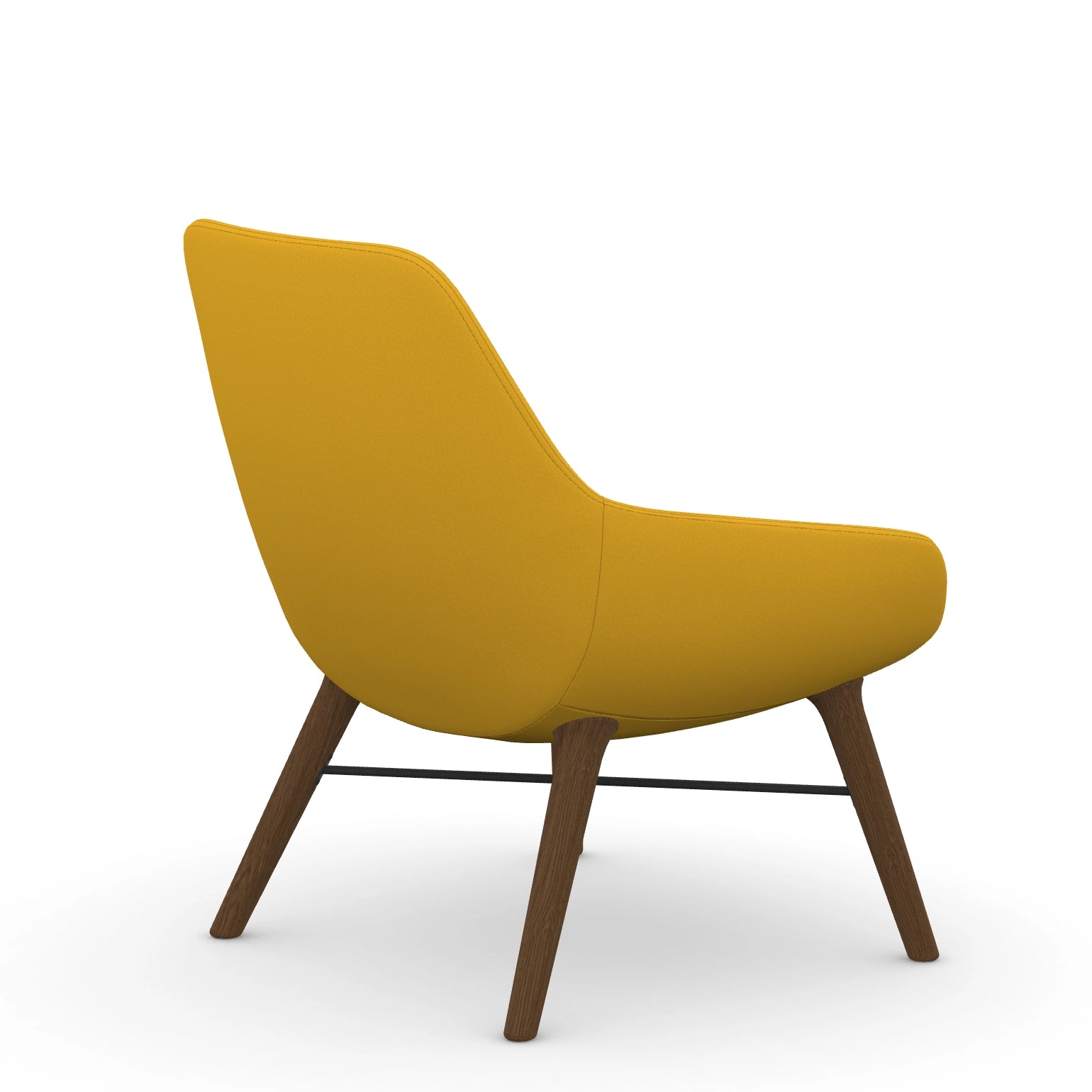 Back view of the 9to5 Lilly lounge chair in walnut wood leg frame and yellow Fabric. Kansas City Office Design