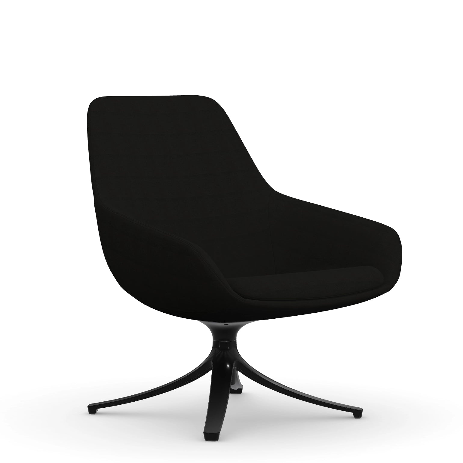 Front view of the 9to5 Lilly lounge chair in black swivel base and black Fabric. Kansas City Office Design