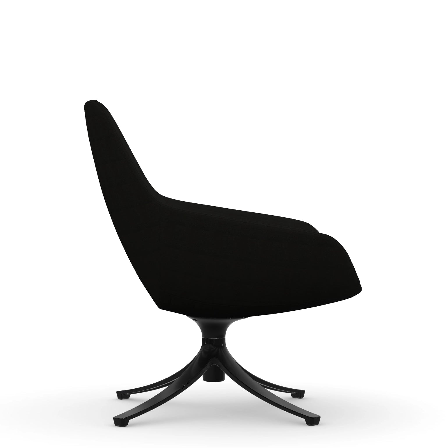 Side view of the 9to5 Lilly lounge chair in black swivel base and black Fabric. Kansas City Office Design