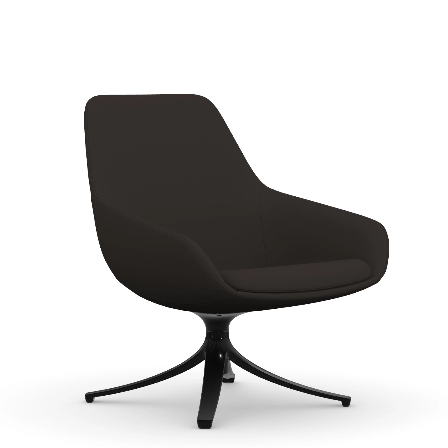 Front view of the 9to5 Lilly lounge chair in black swivel base and black vinyl Fabric. Kansas City Office Design