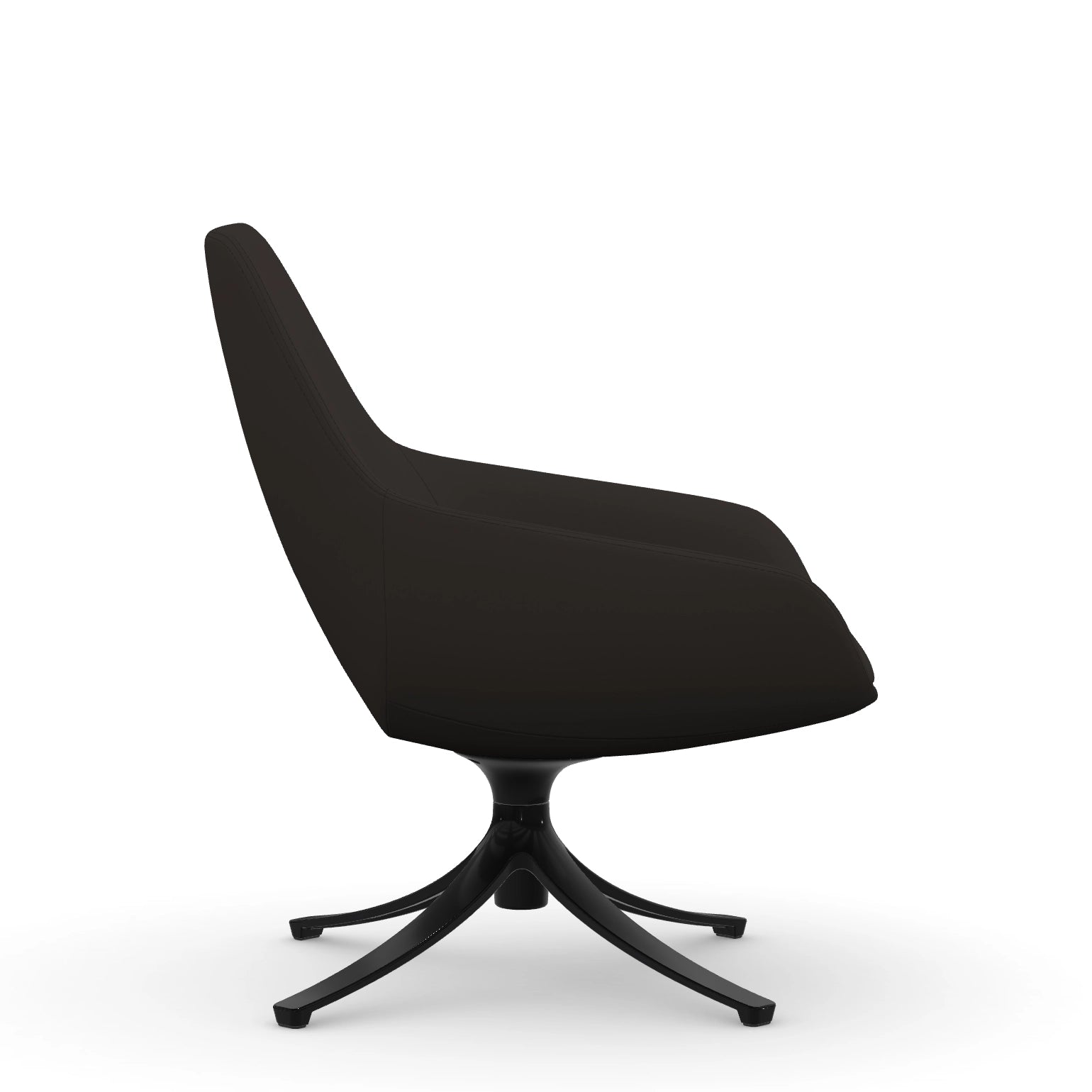 Side view of the 9to5 Lilly lounge chair in black swivel base and black vinyl Fabric. Kansas City Office Design