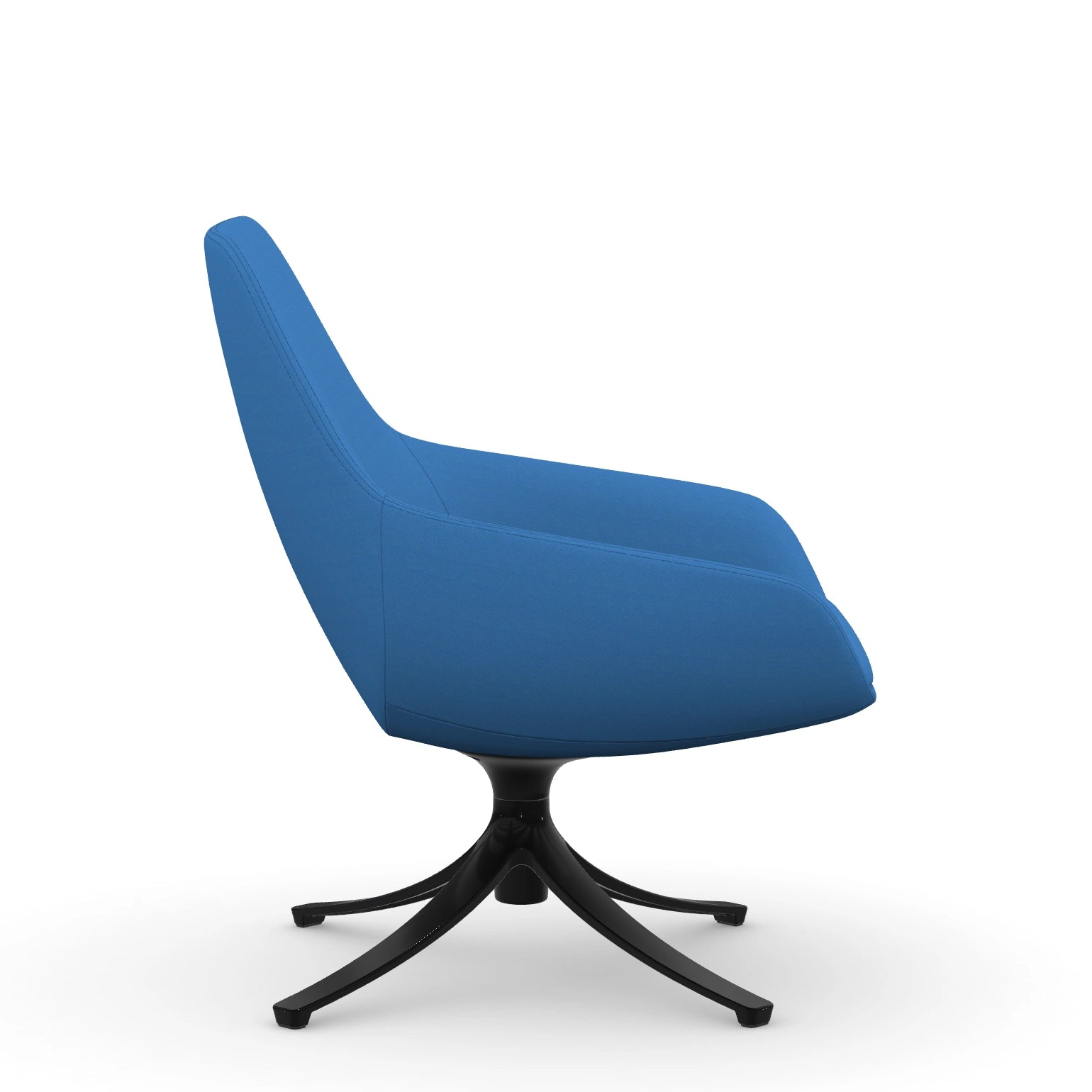 Side view of the 9to5 Lilly lounge chair in black swivel base and blue Fabric. Kansas City Office Design