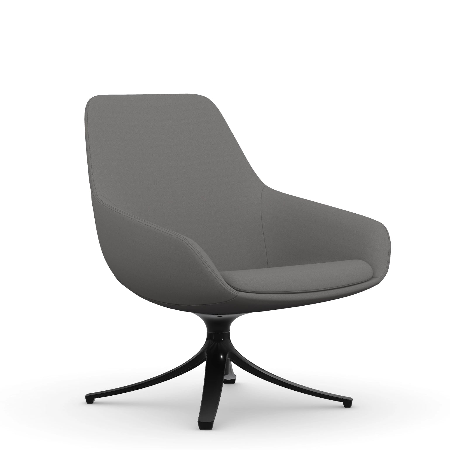 Front view of the 9to5 Lilly lounge chair in black swivel base and gray Fabric. Kansas City Office Design