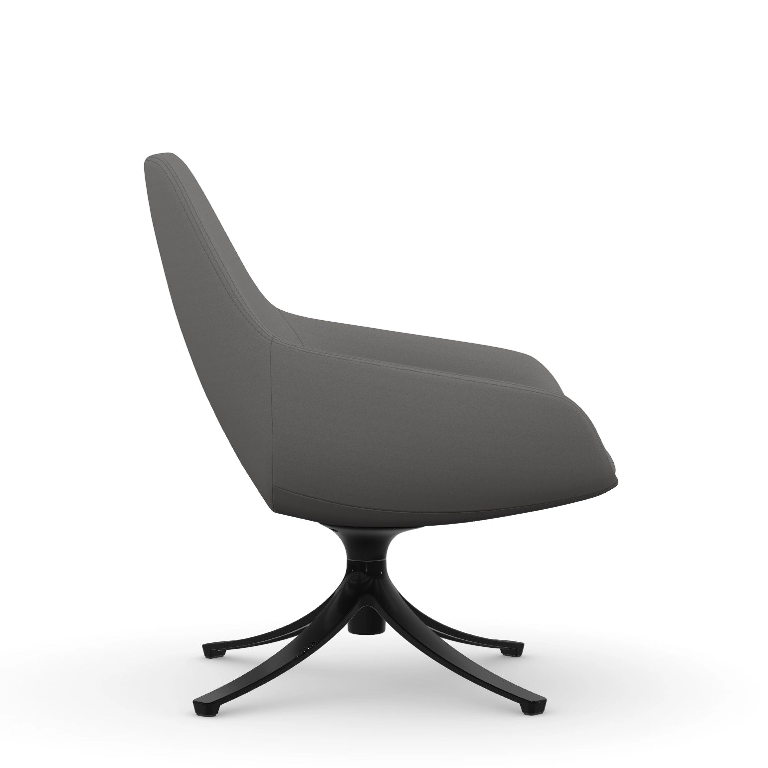 Side view of the 9to5 Lilly lounge chair in black swivel base and gray Fabric. Kansas City Office Design