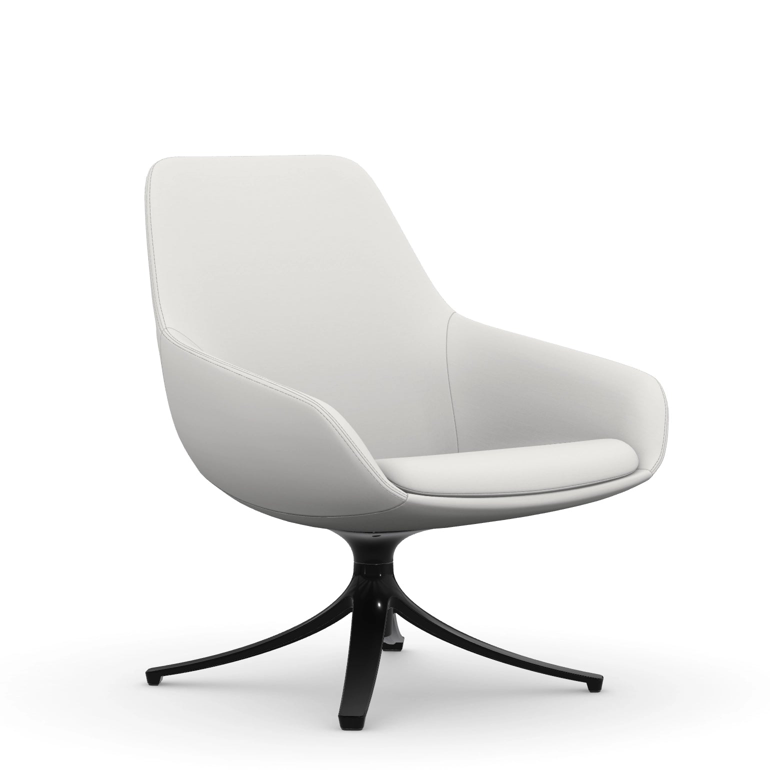 Front view of the 9to5 Lilly lounge chair in black swivel base and tinsel vinyl Fabric. Kansas City Office Design