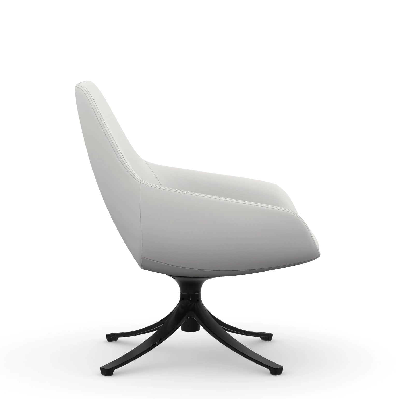 Side view of the 9to5 Lilly lounge chair in black swivel base and tinsel vinyl Fabric. Kansas City Office Design