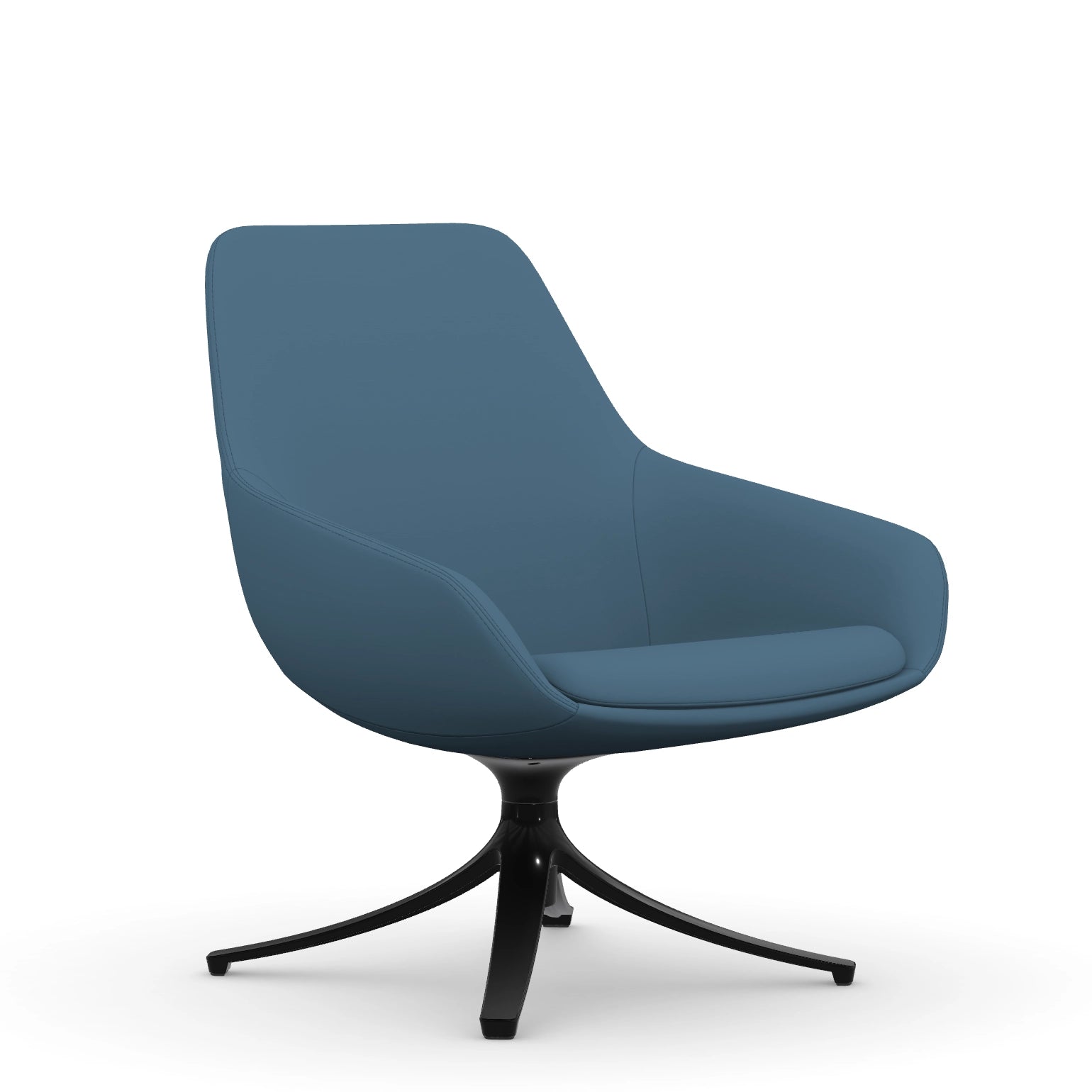 Front view of the 9to5 Lilly lounge chair in black swivel base and wave blue vinyl Fabric. Kansas City Office Design