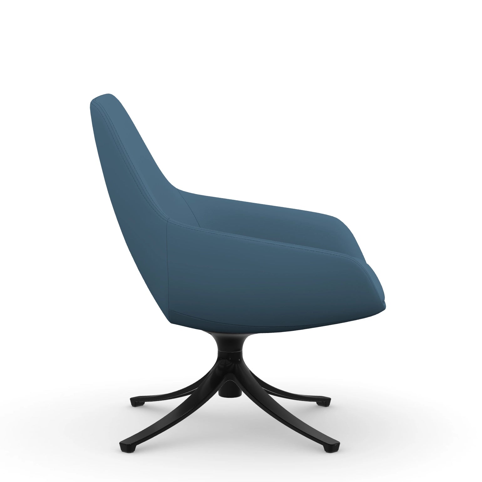 Side view of the 9to5 Lilly lounge chair in black swivel base and wave blue vinyl Fabric. Kansas City Office Design