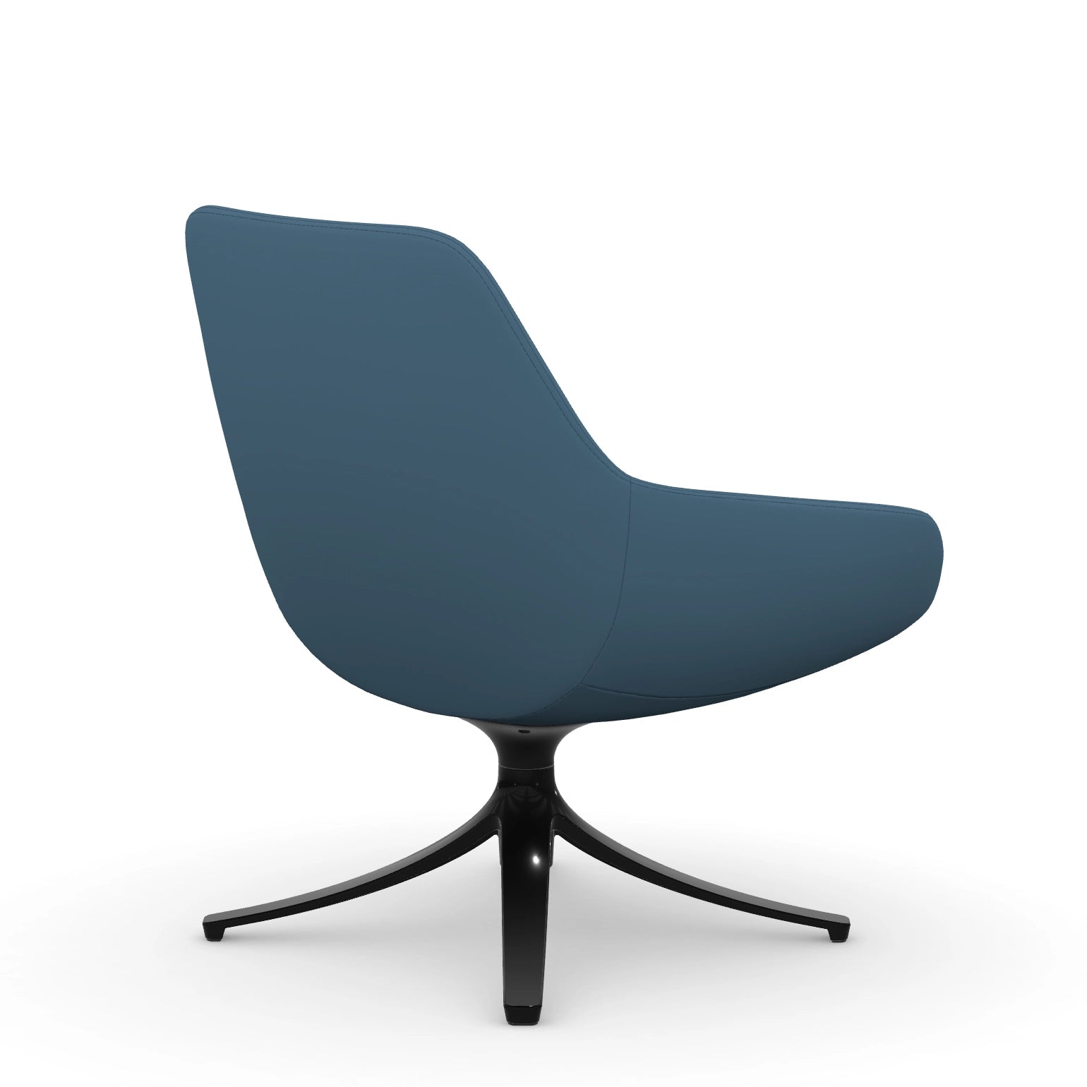 Back view of the 9to5 Lilly lounge chair in black swivel base and wave blue vinyl Fabric. Kansas City Office Design