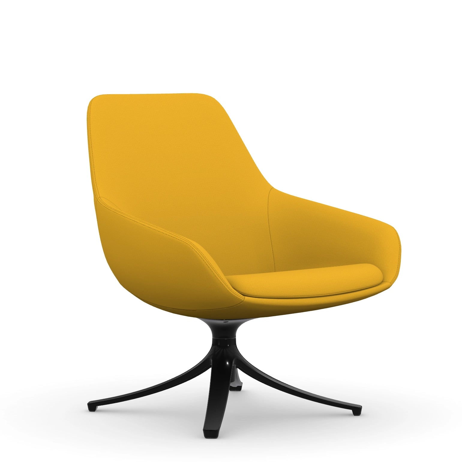 Front view of the 9to5 Lilly lounge chair in black swivel base and yellow Fabric. Kansas City Office Design