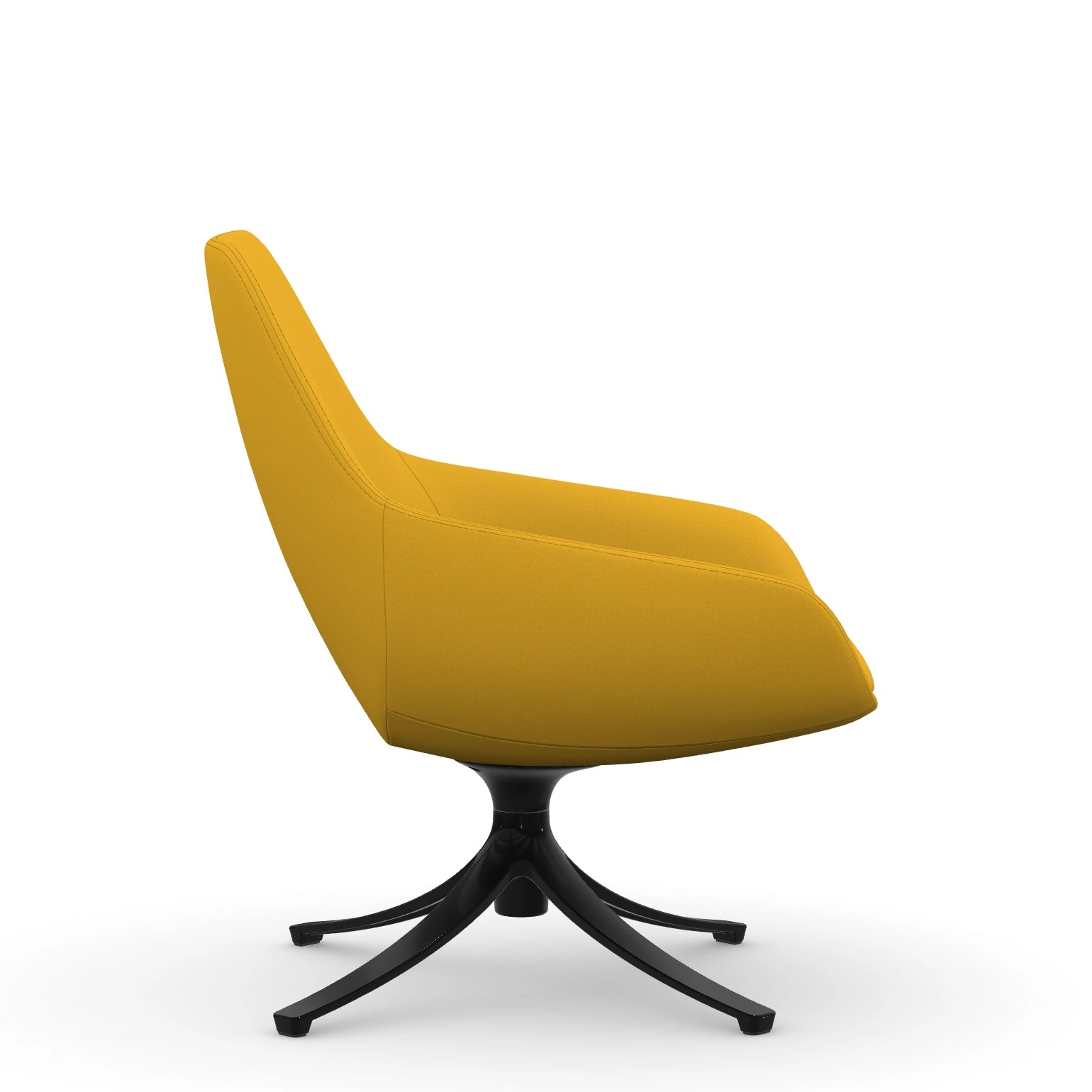 Side view of the 9to5 Lilly lounge chair in black swivel base and yellow Fabric. Kansas City Office Design