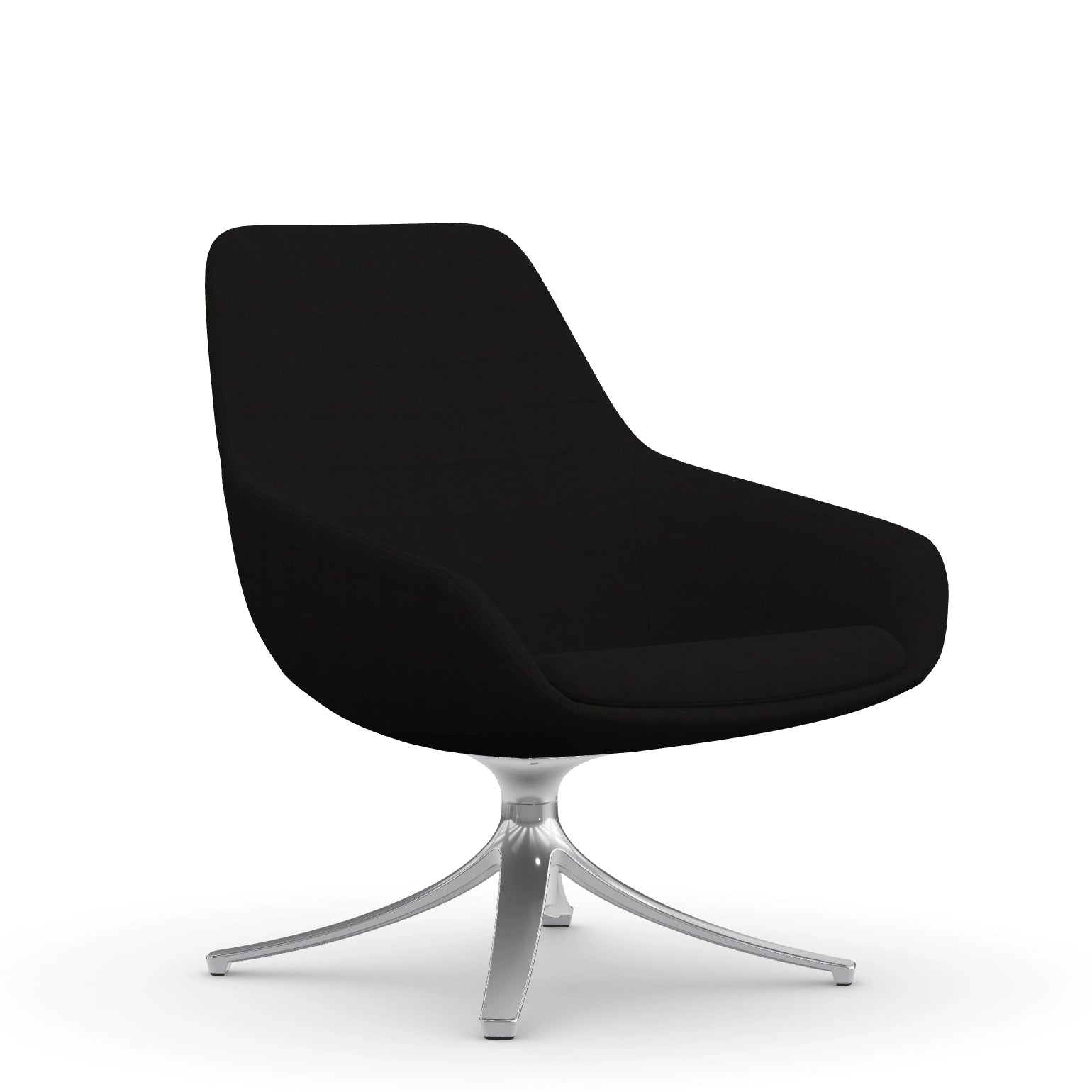 Front view of the 9to5 Lilly lounge chair in polished swivel base and black Fabric. Kansas City Office Design