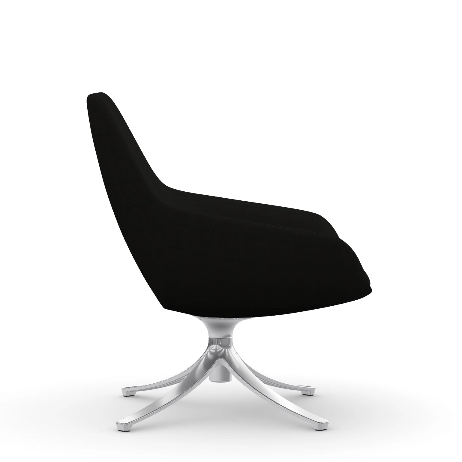 Side view of the 9to5 Lilly lounge chair in polished swivel base and black Fabric. Kansas City Office Design