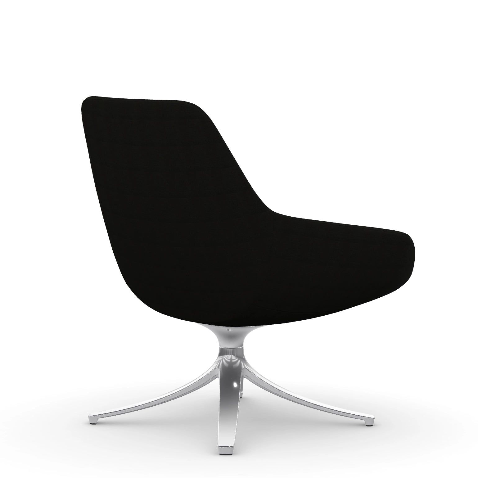 Back view of the 9to5 Lilly lounge chair in polished swivel base and black Fabric. Kansas City Office Design