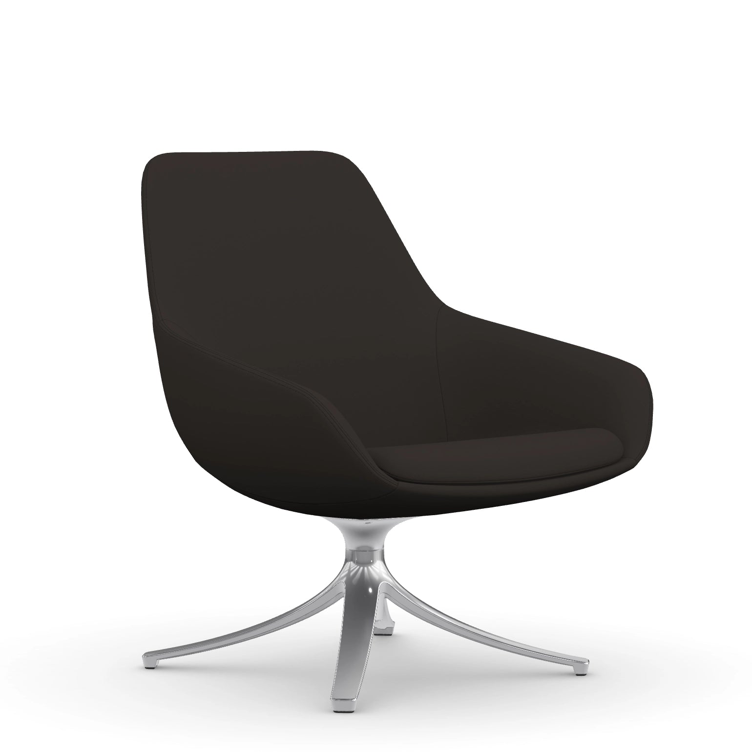 Front view of the 9to5 Lilly lounge chair in polished swivel base and black vinyl Fabric. Kansas City Office Design